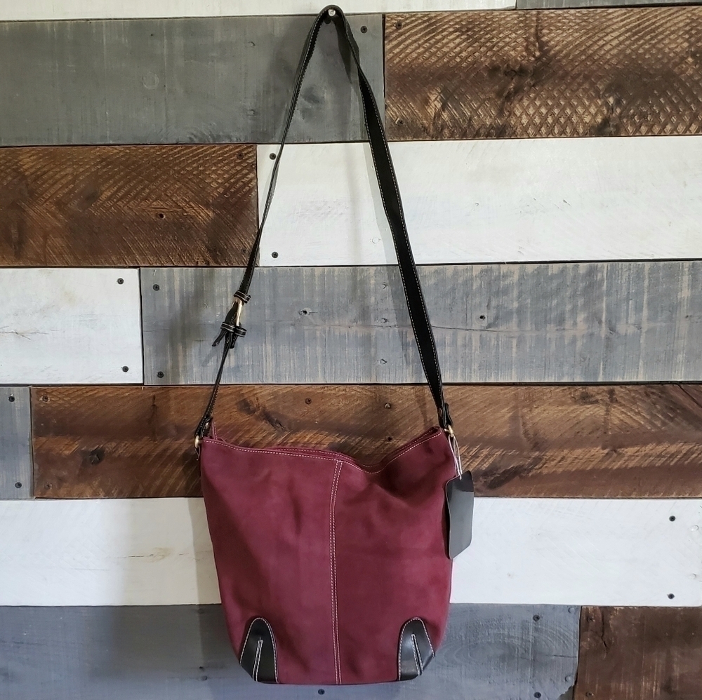 Large Maroon Burgundy Black Faux Leather Suede Tote Shoulder Purse Bag